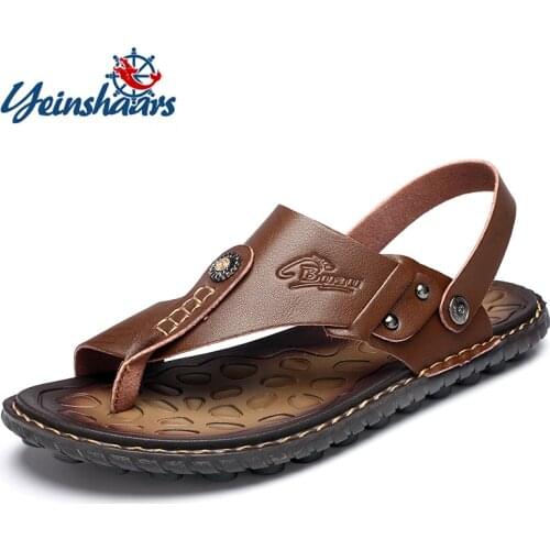YEINSHAARS Sandals Men Shoes Summer Slippers Men Genuine Cow Leather Sandals Black Beach Slippers Sandalias Hombre Sandale Homme