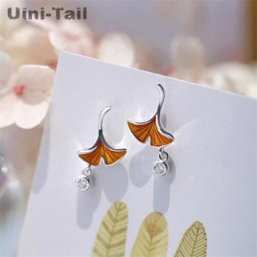 Uini-Tail hot new 925 sterling silver small fresh ginkgo leaves earrings Korean fashion tide flow high quality jewelry ED353