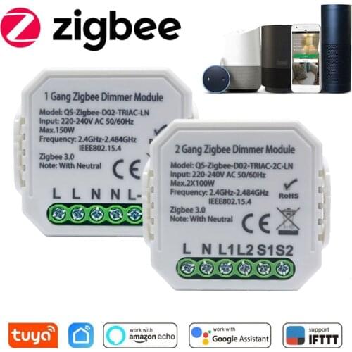 Tuya Smart Zigbee Dimmer Switch with Neutral 220-220V 1/2 Gang Wireless Light Switch Relay Compatible Amazon Alexa Google Home