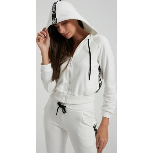 YENİ SEZON 2021 UTOPIAN Kadın Ekru Kapüşonlu Iconic Şeritli Croped Sweat