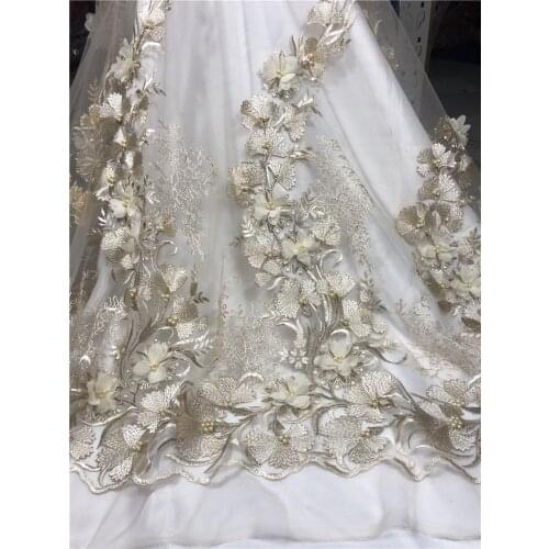 Beaded Embroidered tulle lace fabric YG-455 with pretty 3d flowers and nice design for beautiful clothes