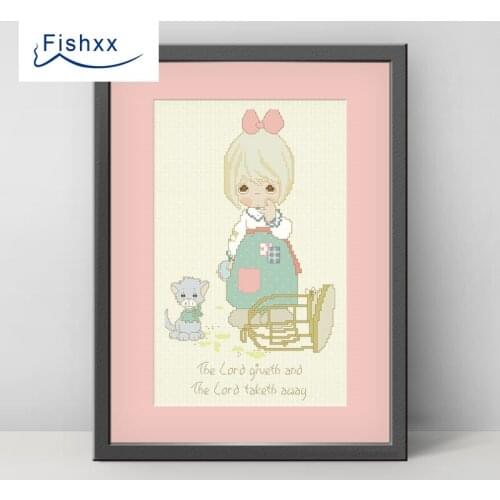 Cross Stitch Kit 11CT Accurate Printed Cloth Droplets Doll Series H135 Bowknot Girl and Cute Cat Cartoon Pictures Needlework