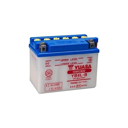 Yuasa YB4L-B(CP) high quality motorcycle battery includes Acid Pack, dimensions 121x71x93mm, voltage 12 volts