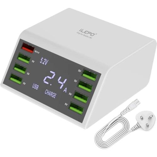 ILEPO 60W 8 Ports USB Charger QC3.0 Fast Charger 5V3A 9V2A Charging Station For IPhone 11 Pro Max XS XR Samsung LCD Charger