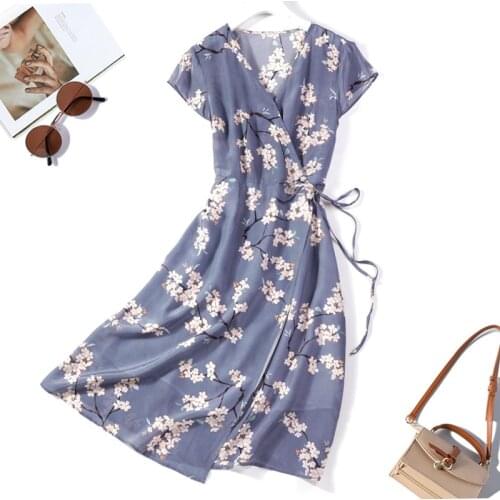 Womens 100% Mulberry Silk Short Sleeve Two Layers Floral Printed Long Wrap Dress M L XL JN710