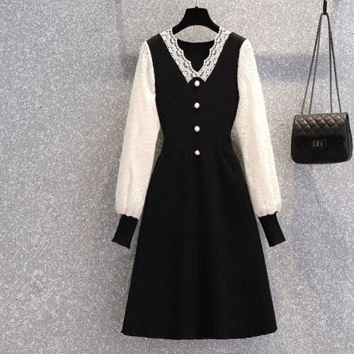 M-4XL plus size women elegant Office autumn kintting dresses 2021 long sleeve v neck lace Patchwork thick sweaters dress