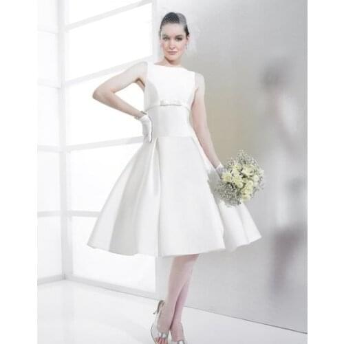 Plus size christmas party dresses Mikado short ball gown Bateau deep V-back drop waist knee length Buttons zipper wedding dress