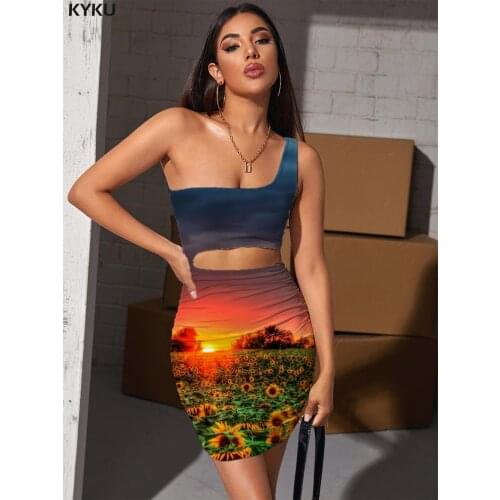 KYKU Brand Sunflower Dresses Women Cloud Bodycon Dress Romantic 3d Print Sun Hollow out Dresses Womens Clothing Plus Size New