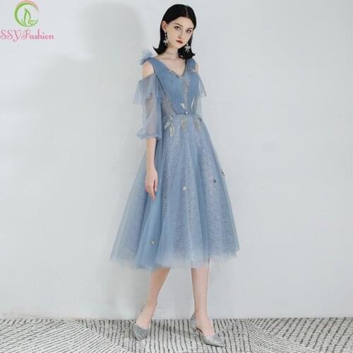 SSYFashion New Grey Blue Cocktail Dresses 3/4 Sleeve V-neck Appliques Party Formal Gowns Special Occasion Dress Vestido De Noche
