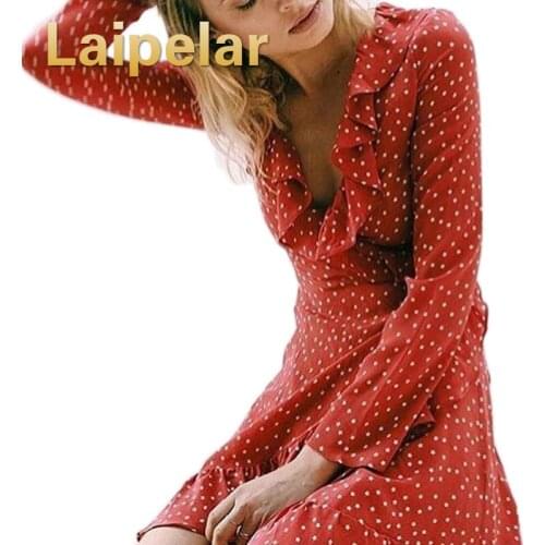 Laipelar Women Ruffle V Neck Long Sleeve Polkadot Print Summer Dress Vintage Red Irregular Bow Tie Wrap Short Dress Beach Dress