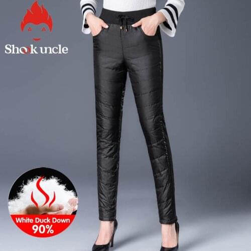 Winter Casual Women 90% White Duck Down Pants Winter Thick Warm Slim Elastic Mid Waist Pencil Pants For Women Plus Size Trousers