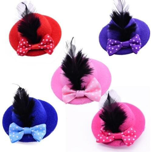 10pcs Pet Puppy Dog Hair Clips Caps Dog Hair Accessories Polka Dots Bowknot with Feather 6cm/2.36" Dog Grooming Pet Supplies