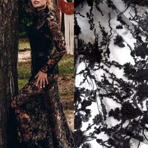 2021 New Quality Black Embroidery Beaded Lace Sequins Bridal Fabric For Wedding Evening Dress 5 Yards HY0887-12