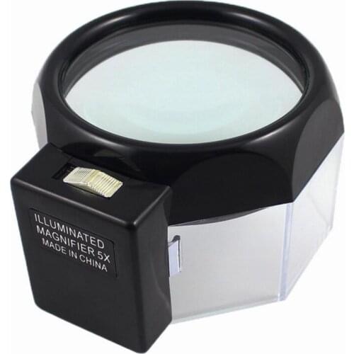 5X LED Illuminated Magnifying Glass Newspaper Book Mobile Phone Octagonal Desktop Cylinder Acrylic Column Lamp Reading Magnifier