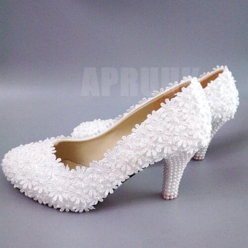 8CM high heels handmade lace pearls white wedding shoes bride platforms luxury female girls party dinner whire lace pumps shoe