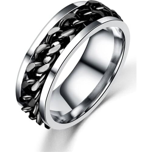 Bohemian Black Titanium Stainless Steel Cocktail Rings Men Punk Statement Chain Finger Rings For Women Metal Jewelry
