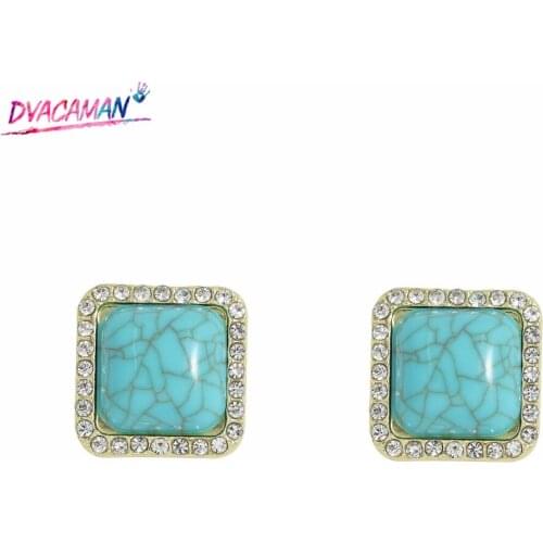 Dvacaman Gorgeous Turquoise Geometric Stripe Earrings Korean Square Small Stud Earrings for Women Friends Party Wedding Jewelry