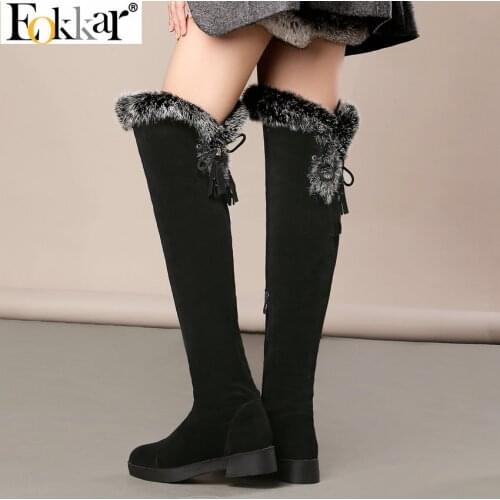 Eokkar 2020 Short Plush Platform Snow Boots Round Toe Low Heels Over The Knee High Boots Tassel Black Winter Shoes Size 34-43