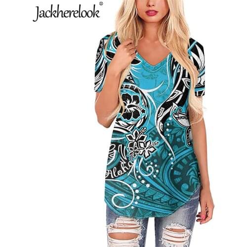 Jackherelook Casual Women Tops Shirts Samoa Hibiscus Polynesian Tribal Brand Design Ladies Summer V-neck Blouses Plus Size 2020