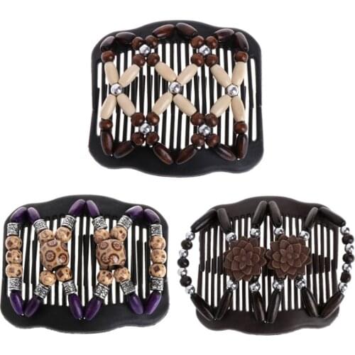 Easy Magic Wood Beads Double Hair Comb Clip Stretchy Women Hairwear