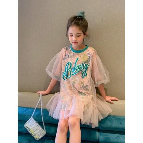 Summer New Girls Dress Western Style Lantern Sleeve Net Gauze Letter Princess Dress Floral Skirt Childrens Skirt