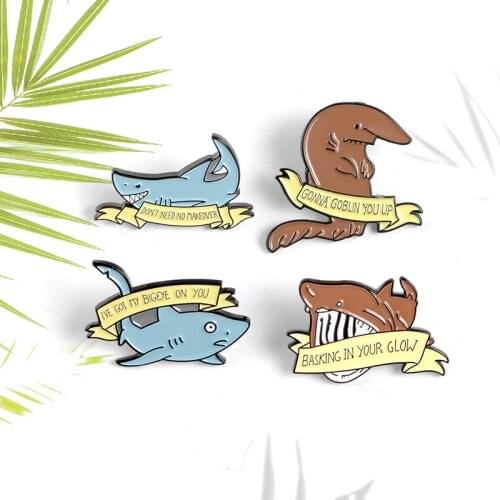 Cartoon sea animal shark series brooch Banner "just so great""basking in your glow" Ocean wind cute badge Cowboy leather pin