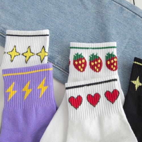 Cute socks kawaii designer print strawberry stars white calcetines deportivos woman chaussette femme women socken cotton sock