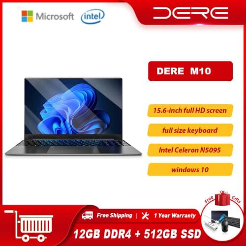DERE MBook M10 Intel Celeron N5095 15.6-inch Laptop Windows 10 12GB LPDDR4 128GB 256GB SSD 1920*1080 Portable Gaming Notebook