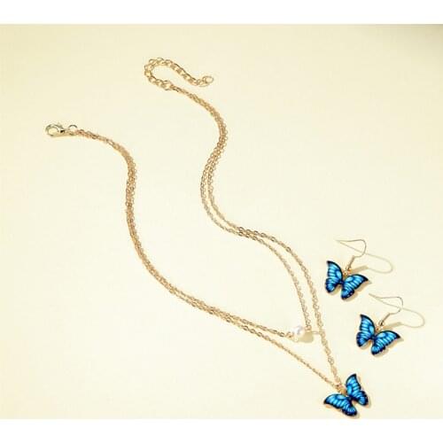 New Butterfly Jewelry Sets Necklace Earrings For Women Colorful Double Pearl Butterfly Pendant Necklace Earrings Jewelry Set