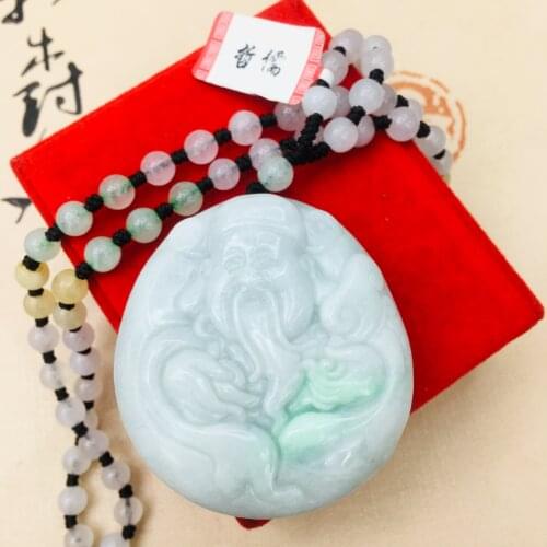 Pcklace sweater chainPure natural Emerald jade handmade carved big Fortune pendant with three-color jade bead necklace men and w