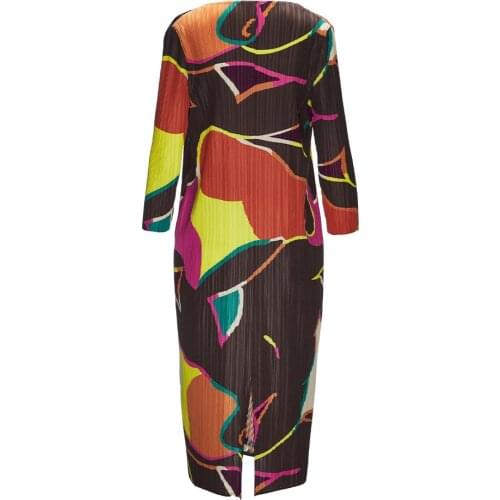HOT SELLING Miyake Fashion three quarter o-neck fold dress geometry print dress IN STOCK