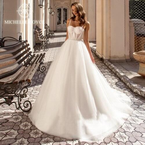 Michelle Royce A-Ling Wedding Dresses 2020 Sexy Sweetheart Illusion Fairy Lace Up Chapel Train Bridal Gowns Vestido De Noiva