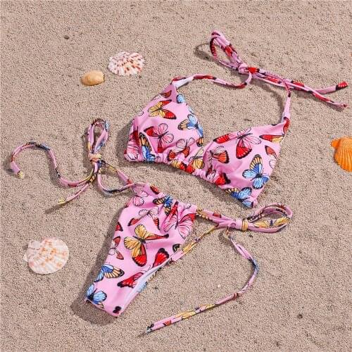 Triangle Bikini 2020 Women Butterfly Print Micro Swimsuit Cut Out Bandage Push Up Thong Swimsuit Bathers Bathing Suit Swimwear