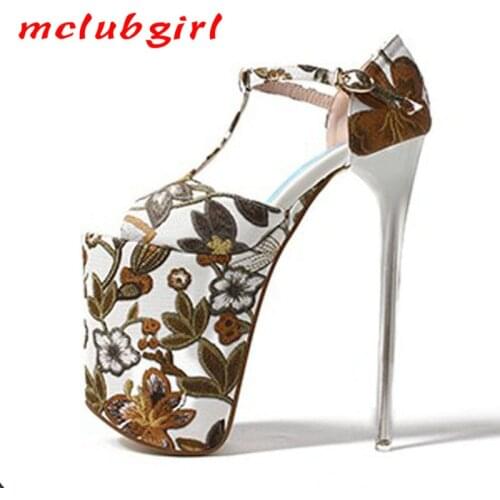 Mclubgirl 20cm Thin Heels Summer Paragraph National Wind Flowers High Waterproof Nightclub Fish Head Large Size Shoes MJL