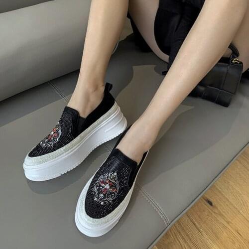 MKKHOU Fashion Loafers Women 2021 New Spring Genuine Leather Crystal Thick-soled Casual All-match Womens Shoes Size 34-39