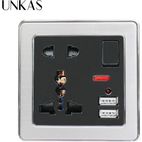 UNKAS 13A Universal 5 Hole Switched Wall Socket With Neon 2.1A Dual USB Charger Port LED Indicator Black Stainless Steel Frame