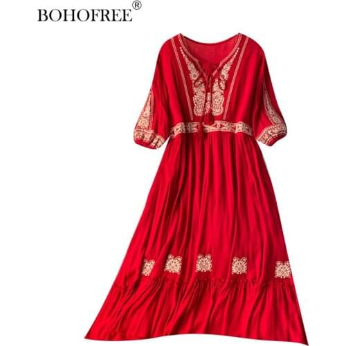 Boho Floral Embroidery Short Sleeve Loose Bohemian Style Maxi Hippie Long Dresses Casual Folk Vestidos