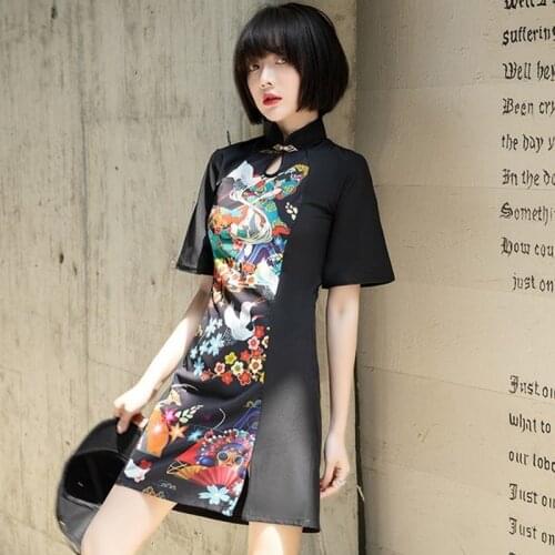 Gothic Black Women Mandarin Neck Short Sleeve Slim Side High Split Cheongsam Goth Female Dark Embroidery Party Bodycon Dress