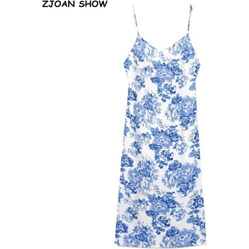 Vintage France Summer Blue White Floral Print Spaghetti Strap Midi Dress Sexy Women Sling Lacing up Backless Dresses Holiday