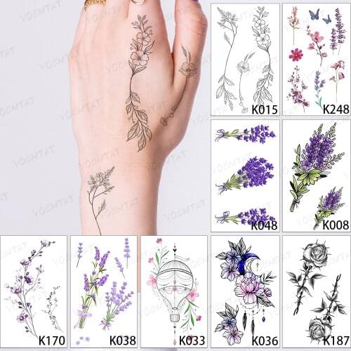 9pcs/Lot Waterproof Temporary Tattoo Sticker Line Flower Lavender Plant Finger Flash Tatoo Woman Color Body Art Fake Tatto Man