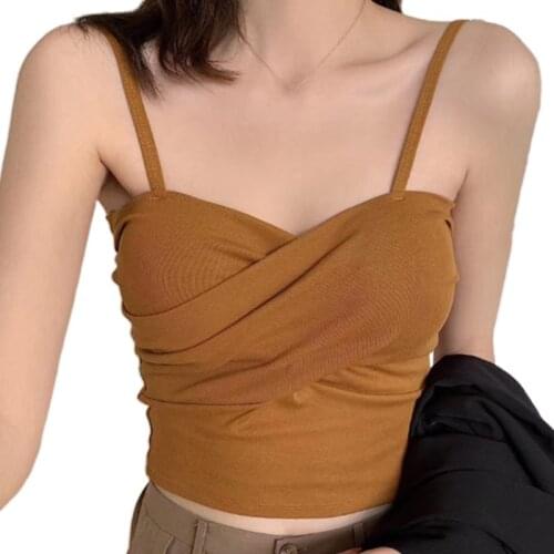 Women Summer Twisted Front Sleeveless Crop Top Sexy V-Neck Ribbed Knitted Camisole Push Up Padded Solid Color Elastic Sling Vest