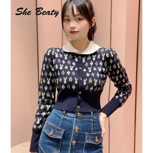 She Beaty Knitted Sweater Cardigans Women Clothes Turn-Down Collar Cartoon Rabbit Long Sleeve Single Breasted Traf Tops Fashion