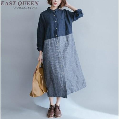 Women jeans patchwork dress loose full sleeve square collar button stripped mid-calf dress in autumn and spring AA3302 F