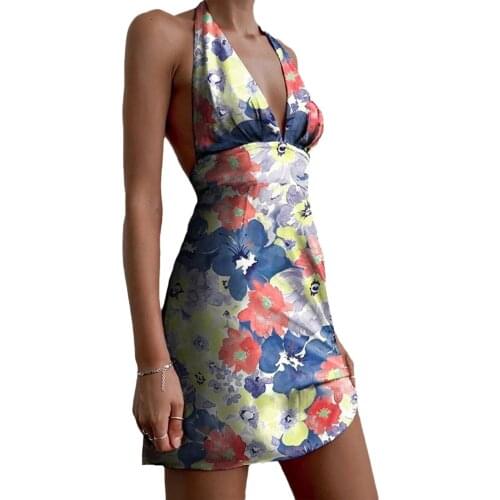 Women’s Sexy Halter Bandage Dress Vintage Flower V-neck Backless A-line Short Dress