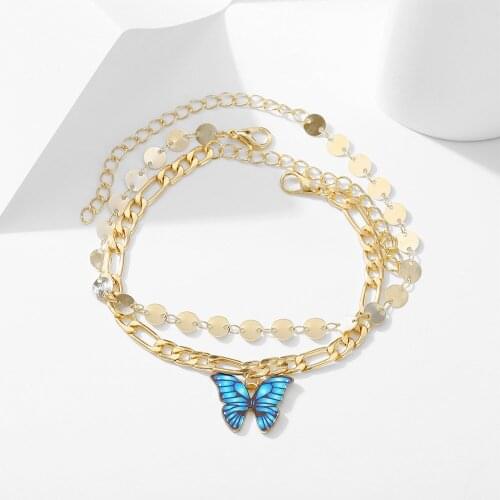 2PCS/SET New Trendy Gold Color Link Chains Punk Style Blue Butterfly Charming Pendant Bracelet Sets Bangle Jewelry for Women
