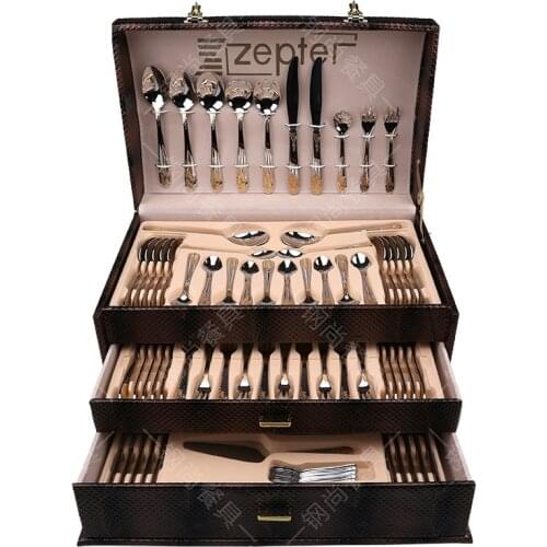 86PCS Gift Box 18/10 Multifunctional Luxury Gold Inlay Stainless Steel Cutlery Set HomeTableware