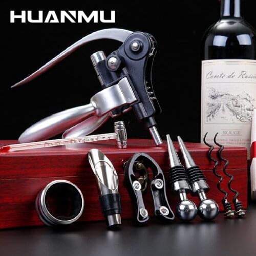 9Pcs/Set High-end Wine Corkscrew Sets Wine Decanter Leather Wooden Box Cork Bar Tools Gift Pack Drinking Открывалка для вина