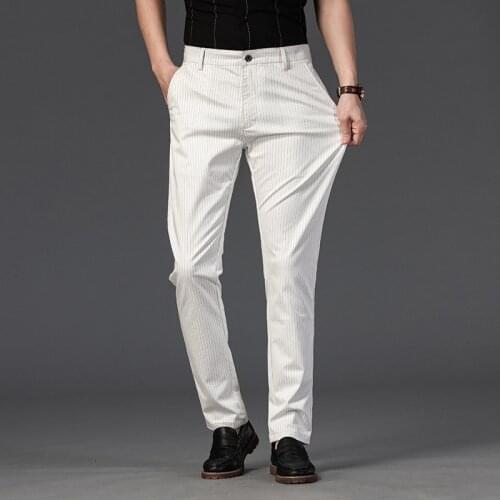 Brand 2021 New Casual Pants Mens Stripe Stretch Pant Straight Slim Fit Business Plaid Formal Wedding Work White Trousers Male