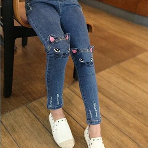 Baby Girl Ripped Embroidered Jeans Autumn and Winter New Childrens Fashion Kitten Cute Pattern Bunny Print Velvet Warm Trousers