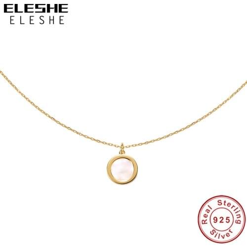 ELESHE Simple 925 Sterling Silver with 18K Gold Plated Necklace Round Pearl Pendant Necklace for Women Fashion Jewelry
